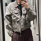 Hearujoy Vintage Multi-pockets Lapel Windbreaker Mens Workwear Jacket High Street Casual Loose Fall Coat Oversized Baggy Unisex Clothes